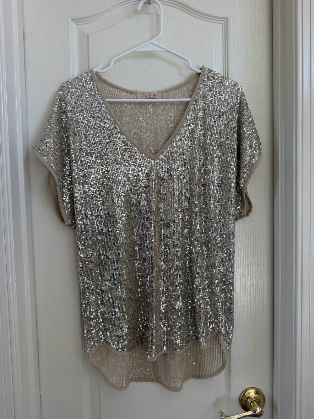 Sofia Sequin V-Neck Women's Top in Champagne Sparkle